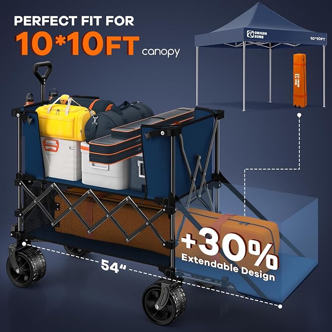 Originsure 400L Double Decker Wagon Collapsible with 54" L Tailgate, 560lbs Heavy Duty Carts Foldable, Extra Large Folding Beach Wagon with Big All-Terrain Wheels for Camping, Sports, Groceries, Blue