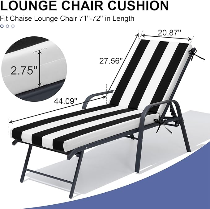 Crestlive Outdoor Chaise Lounge Cushions, 3 Years Fade Resistant Water Resistant Lounge Chair Cushion, 72''L x 21''W, Set of 2, Black Cabana Stripe