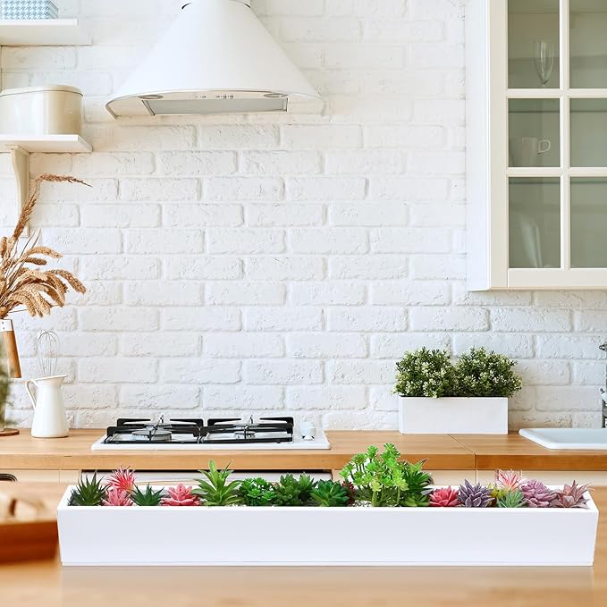 FillTouch 2 Pcs Long Rectangular Planter Box Window Sill Plant Box Metal Water Trough Indoor Large Modern Steel with Drainage Holes Herb Garden Home (32 x 3.5 x 3.5 Inch,White)