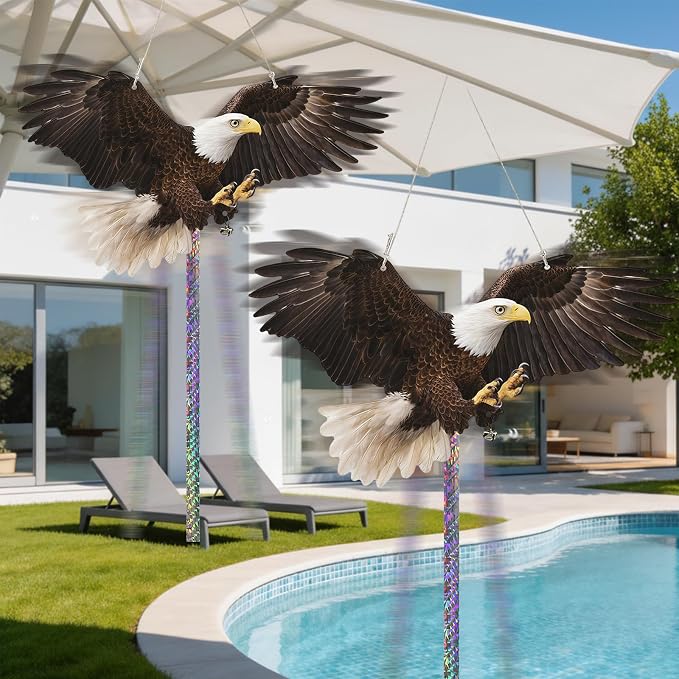 3 Pcs Flat Fake Eagle to Scare Pigeon Woodpecker Away, Hanging Plastic Flat Fake Eagle with Reflective Tape to Scare Animals Away from Contryard Patio Yard Porch Balcony Windows Orchard Farm