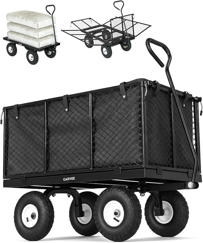 Garvee Versatile Outdoor Utility Cart-800LBS Heavy-Duty, 10" All-Terrain Pneumatic Tires, Easy Maneuverable Lawn Cart with Removable Mesh Panels for Gardening&Landscaping, Black, with Waterproof Liner