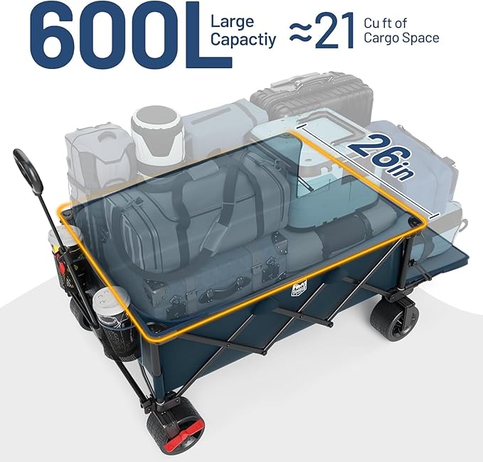 Timber Ridge 600L Beast Wagon 26" W Extra Wide All Terrain Folding w/Big Wheels, Cargo Net & Tailgate, 26" W and 55.25" L, 500lbs Heavy Duty Collapsible Portable Cart for Camping, Sports, Dogs, Blue