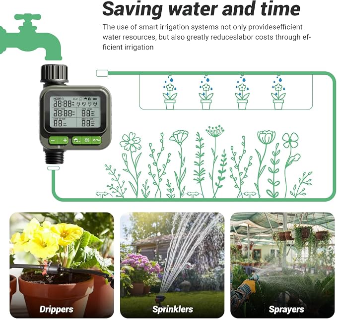 Sprinkler Timer System w/Brass Splitter|Programmable Water Timer for Garden Hose, Outdoor Soaker Hose Timed with Rain Delay/Manual/Automatic Watering System, Digital Irrigation for Yard, Lawn