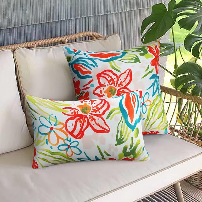 Merrycolor Pack of 2 Outdoor Pillow Covers 18x18 Waterproof Pillow Cover Floral Decorative Square Pillowcase Outdoor Pillows for Patio Furniture Garden Balcony Couch(Red and Sage