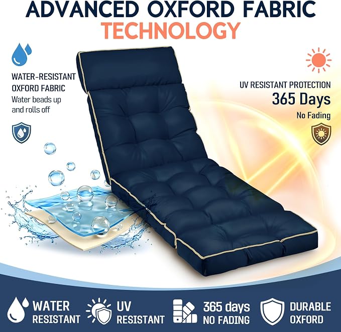 MAGIC ELEPHANT Chaise Lounge Cushion Outdoor, Memory Foam Replacement Patio Pool Lounge Chair Cushion with Ties for Outdoor Furniture, 74 x 22 x 4 Inch (Oxford Blue)