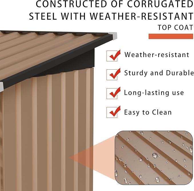 YOPTO 4.27x2.42 FT Outdoor Storage Shed, Metal Garden Tool Shed with Sloped Roof & Hinge Door for Backyard,Patio Lawn,Black+Brown