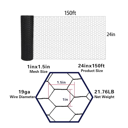 Black 19GA Chicken Wire 24inx150ft, Chicken Wire Fencing, Chicken Fence, PVC Coated Chicken Wire, PVC Coated Wire Mesh for Animal/Rabbit/Floral/Chicken Coop/DIY Projects.