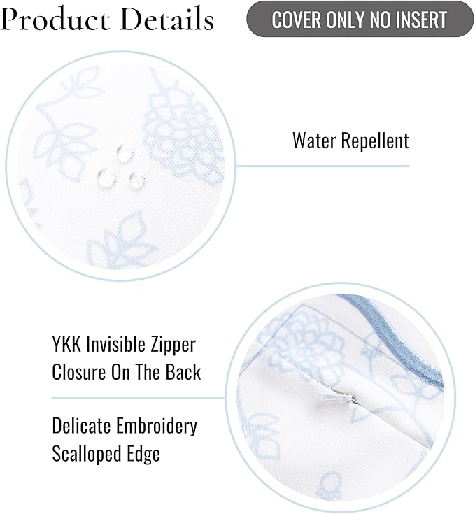 Hofdeco Premium Coastal Patio Indoor Outdoor Scalloped Throw Pillow Cover Only, 20"x20" Water Repellent for Backyard, Couch, Baby Blue Print Dahlia Floral (Pack of 2)