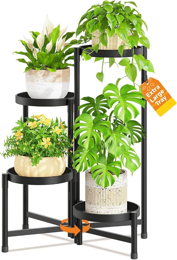 LASZOLA 4 Tier Large Plant Stand Indoor Tall with 10 Inch Metal Tray, Corner Folding Flower Display Rack, Modern Plant Holder Shelf for Outdoor Patio Porch Garden Office Living Room, Black