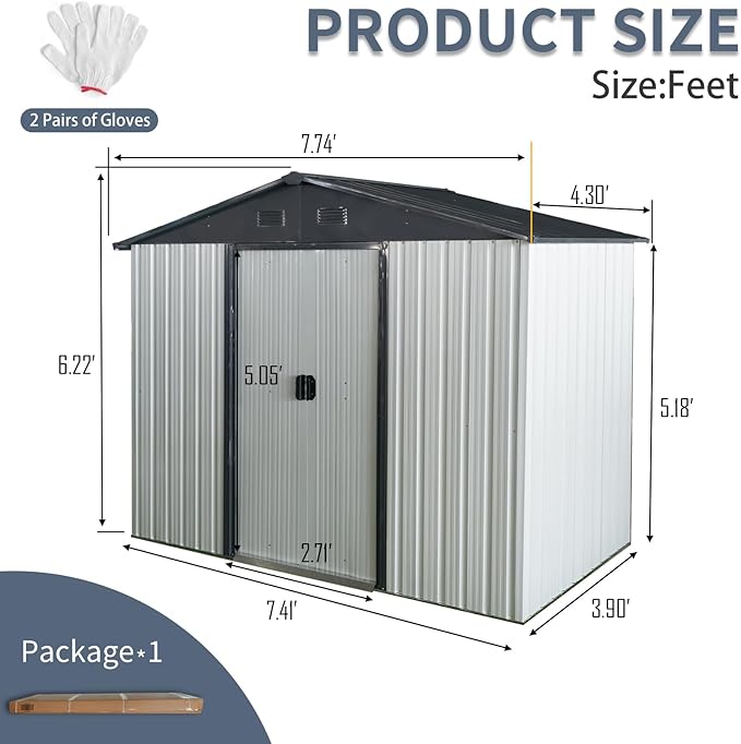 8x4 FT Outdoor Metal Storage Shed, Galvanized Steel Garden Shed with Window, Lockable Sliding Door, Sloped Roof, Ventilated Tool Storage House with Foundation Kit for Backyard Equipment, White+Black