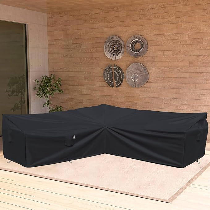 Heavy Duty Outdoor Sectional Sofa Cover, 115"X115" Waterproof 600D Patio Sectional Couch Protector, Lawn Patio Furniture Covers(Midnight Black, V-Shaped-115 x115)