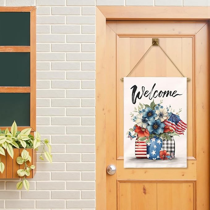 Patriotic Fourth of July House Flag Welcome Red White and Blue Mason Jar Flowers Garden Flags American Flag Floral Farmhouse Outdoor for Independence Day Memorial Day Veterans Day 28 x 40 Inch