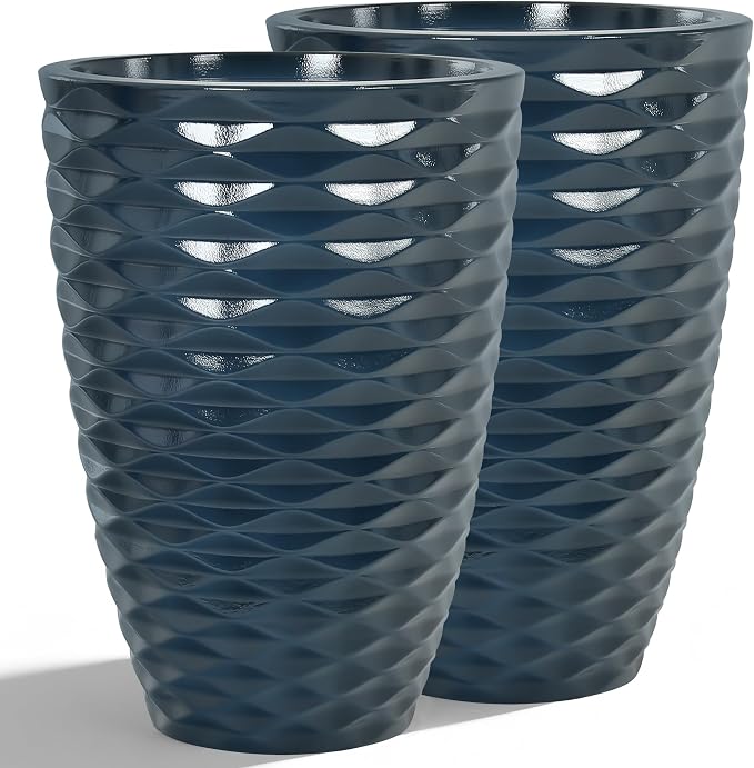 19" H Coastal Planter for Indoor/Outdoor Plants, Set of 2 Large Flower Pot with Drainage Hole, Weather/UV Resistant Resin Planters for Garden Patio Porch Home office Decor, Glossy Navy Blue Wavy