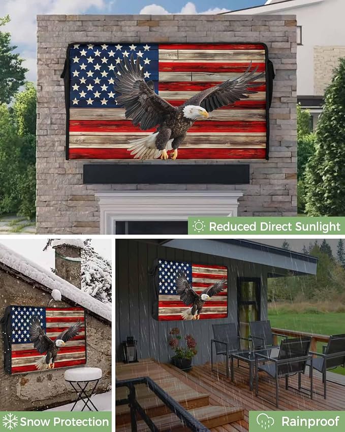 DecorLovee Retro American Flag Outdoor TV Cover 48 to 50 Inches Weatherproof & Waterproof, Blue Red USA Flag Outdoor TV Enclosure with Remote Control Pocket, Eagle TV Screen Protectors for Outside TV