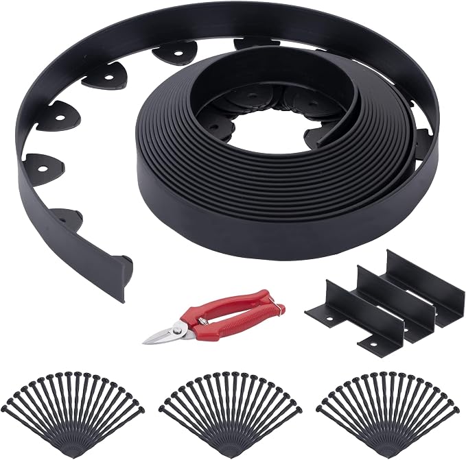 60 Ft Landscape Edging, Garden Edging with 54 Pcs Spikes, 2 in Tall Plastic Edging for Landscaping, No Dig Garden Border Edging, Landscaping Edging Border for Flowerbed Lawn Yard Grass, Black