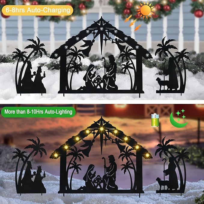 Solar Nativity Scene Outdoor,3Pack Lighted Outdoor Christmas Decorations,Metal Silhouette Nativity Set Outside for Yard Garden Stake