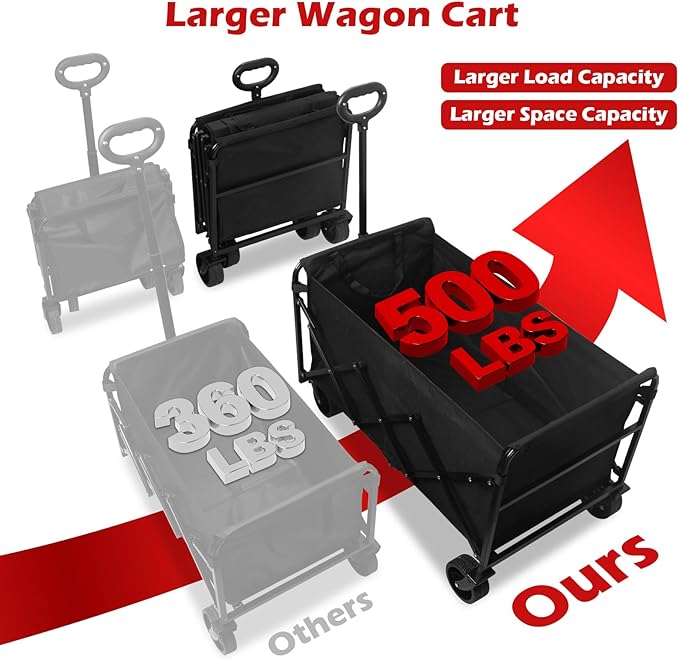 Collapsible Wagons Carts Foldable Wagon, 500LBS Wagon Cart Foldable Heavy Duty with Brakes & All-Terrain Wheels, Large Collapsible Folding Wagons for Beach Camp Sports Grocery, Portable (Black)