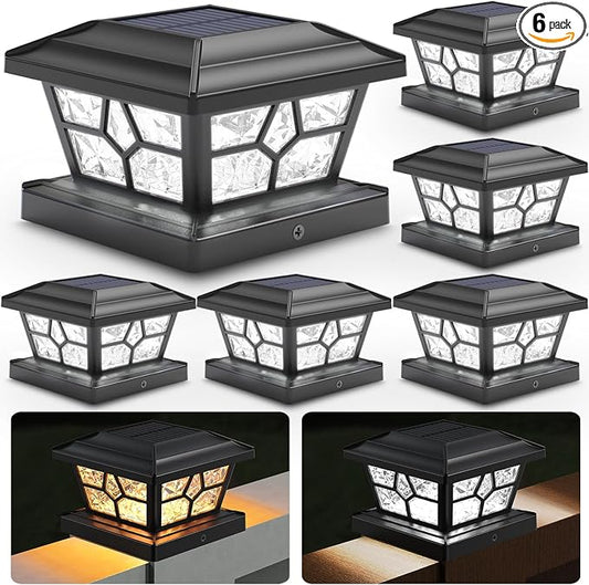 SIEDiNLAR Solar Post Lights Outdoor 6 Pack 4 Modes 40 LEDs Deck Fence Post Cap Light for 4x4 5x5 6x6 Wooden/Vinyl Posts Patio Decor, Warm/White Dynamic Lighting (Black)