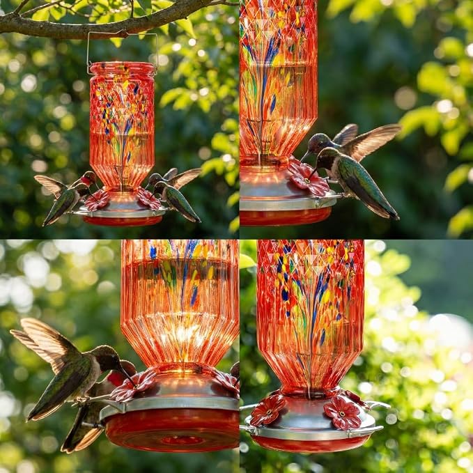 Hand Blown Glass Hummingbird Feeder for Outdoors Hanging Round Chaning Color 32 OZ Large Humming Birds Feeders with Accessories Gift for Women Mom (Red)
