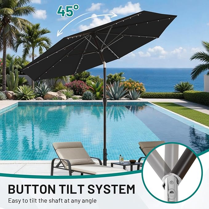 AreShark 9FT Patio Umbrella with Solar Lights, 32 Lighted Pool Umbrella w/Tilt and Crank, Outdoor Market Solar Umbrellas for Garden, Deck, Backyard, Pool and Beach, Black
