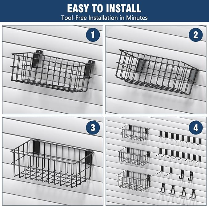 3-H Slatwall Accessories 24 Pack and Slatwall Baskets 3 Pack, Slatwall Wave Hooks & Hangers Multi Sizes for Use in Garage, Workshop, Store, and Studio for Organization and Display