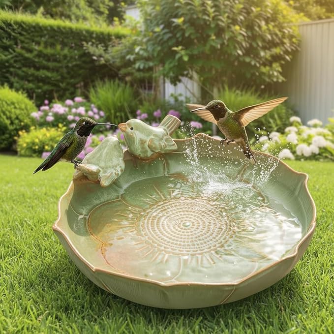 Ceramic Bird Bath for Outside on Ground，Heavy Duty Bird Feeders,Birdbath for Outdoors, Green Bird Baths Bowl for Garden,Table Deck, Balcony, Lawn (Bowl Only)