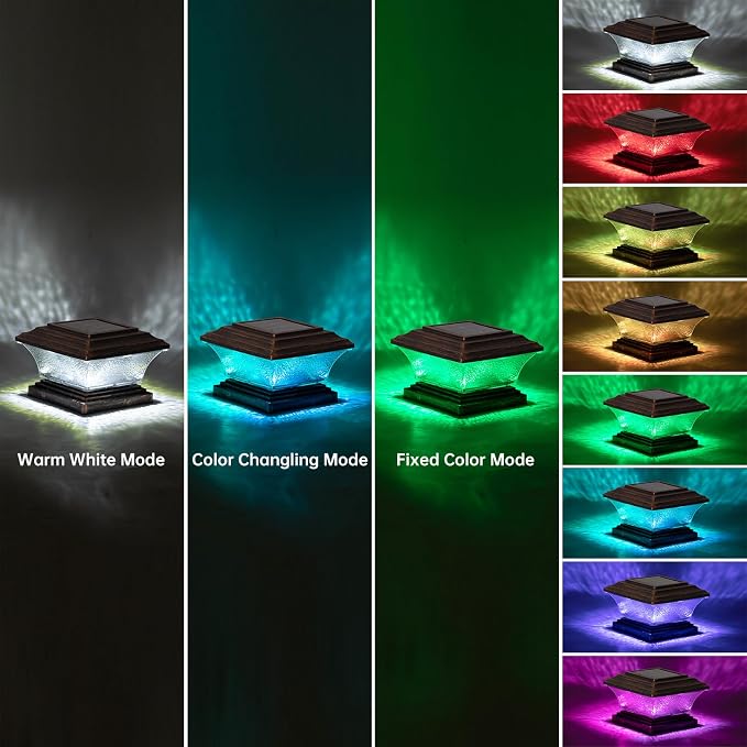 HUYIENO Solar Post Cap Lights - Outdoor LED Deck Fence Cap Light with 9 Light Modes, Bright White & 7 Color Fixed/Cycling Modes - Suitable for 4x4 & 5x5 Wooden Posts, Brushed Copper Finish, 4pk