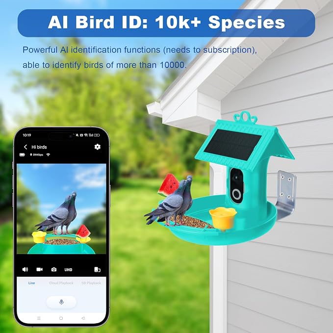 Bird Feeder with Camera - 4K HD Live View, Smart Bird Feeder Solar Powered, AI Recognition Auto Capture Video, 3-in-1 Feeding & Bathing & Hummingbird, Outdoor Garden Bird House (Blue)