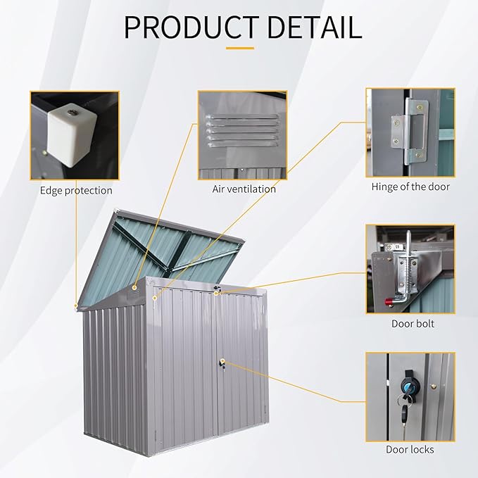 YOPTO 62" Garbage Bin Shed Stores 2 Trash Cans Metal Outdoor Storage,Stainless Galvanized Steel House with Sloped Roof & Lockable Door,Waterproof Cabinet Shelter for Patio,Lawn,Gray