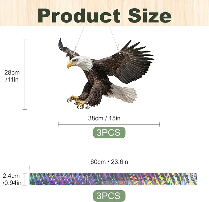 Fake Eagle to Keep Pigeon Woodpecker Animals Away, 3 Pack Hanging Flat Plastic Fake Eagle with Reflective Tape to Scare Animals Away for Outside Garden Balcony Window Outdoor Patio Backyard Porch