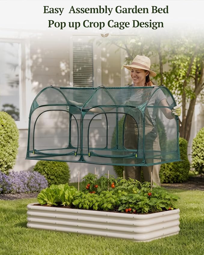 PORAYHUT All-in-One Raised Garden Bed and Crop Cage Kit, Metal Outdoor Planter Box with Protective Mesh Greenhouse Cover for Backyard Vegetables, Herbs, Flowers and Patio Gardening