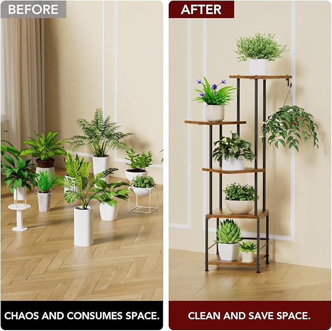 Homsorout Plant Stand Indoor with Grow Light - 5-Tier Metal Plant Shelf with Hanging Basket Hook, Corner Tall Flower Holder for Multiple Plants, Living Room Balcony Garden Patio, Rustic Brown