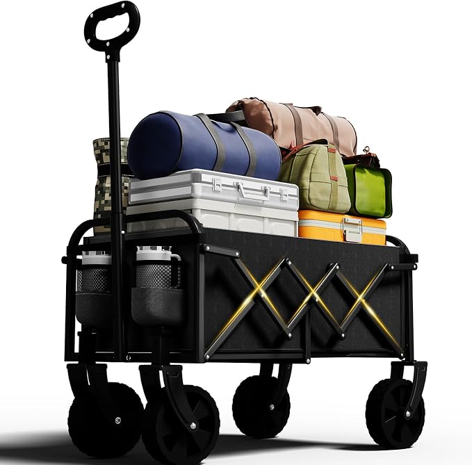 Foldable Wagon, Collapsible Wagon with Wheels, Small Wagons Cart with Flexible Handle, Portable Grocery Utility Wagons for Camping, Garden, Sports, Black