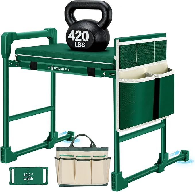 Garden Kneeler and Seat for Seniors: Heavy Duty 420 LBS Support Anti-Tip Multifunctional Gardening Stool Bench with Widened Thick Soft Kneeling Pad & Tool Bag - Foldable for Gardeners