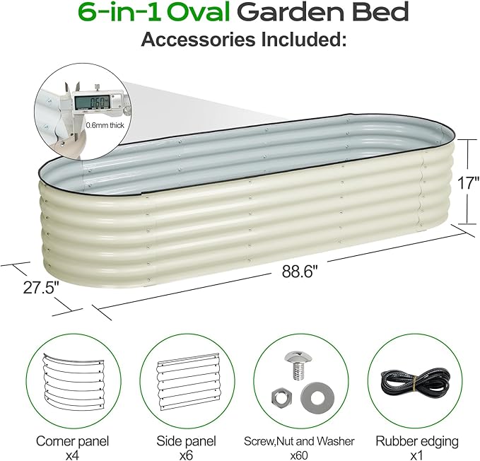Aoodor 17" Tall Oval Galvanized Raised Garden Bed Kit, 6-in-1 Large Metal Outdoor Planter Box for Vegetables, Flowers, and Herbs, 7.5 x 2.3 x 1.5 Ft, Beige