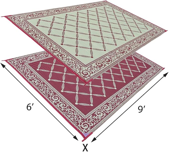 Stylish Camping 116095 6-feet by 9-feet Reversible Mat, Plastic Straw Rug, Large Floor Mat for Outdoors, RV, Patio, Backyard, Picnic, Beach, Camping (Burgundy/Beige)