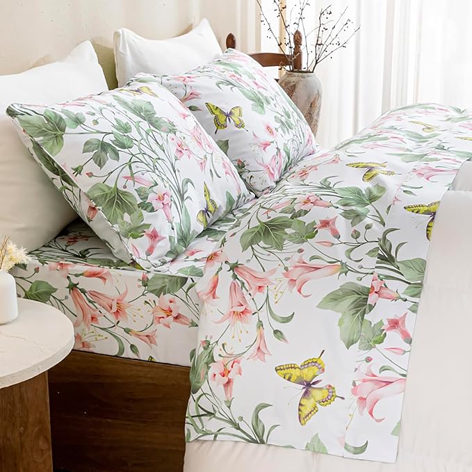 QSH 100% Egyptian Cotton Sheets Set King Size Butterfly Floral Bedding Sheets Spring Leaves Print Bed Sheets Deep Pockets Sheet 4PCs