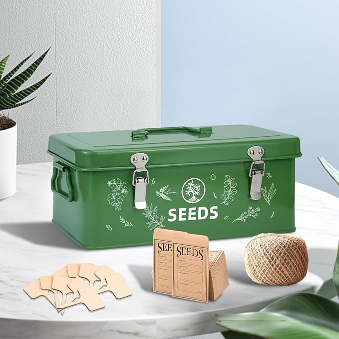 Seed Storage Box, Seed Storage Organizer with Garden String, 30 Seed Envelopes and Bamboo Plant Labels, 4 Compartments Garden Seed Organizer Box with Safety Locks, Dark Green