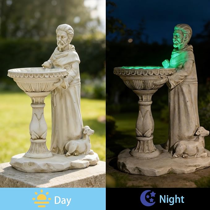 Sheaifun St Francis Garden Statue Outdoor Solar Garden Decor Resin 10.5 Inch Tall Colorful Lights St Francis Statue with Bird Bath Feeder for Yard Patio Lawn Decoration Religious Gifts for Women