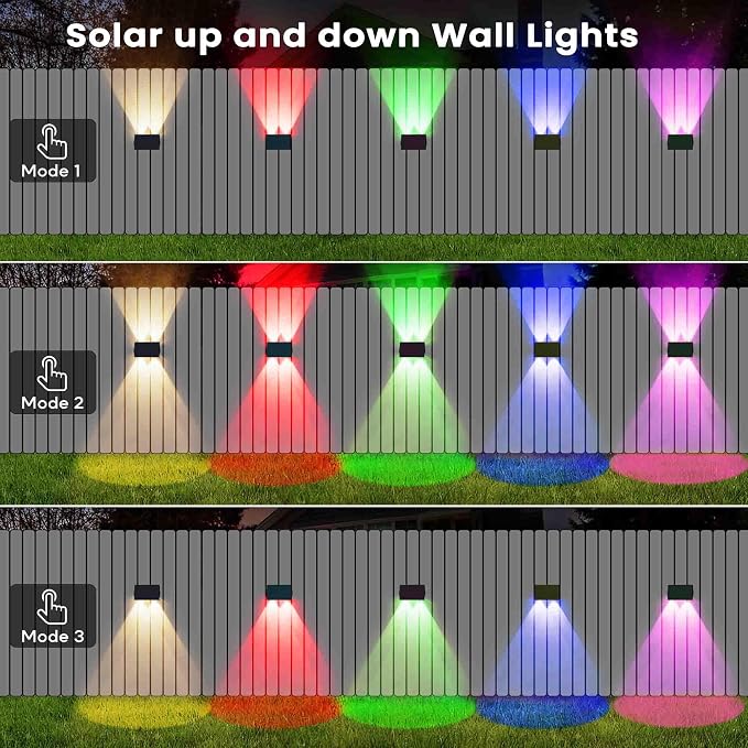 Fence Lights Solar Powered, 6-Pack Solar Fence Lights Up/Down Flexible Buttons, IP67 Waterproof for Outdoor, 100LM Bright, Auto Dusk to Dawn for Wall/Stairs/Yard/Railing/Deck/Pathway (White & RGB)
