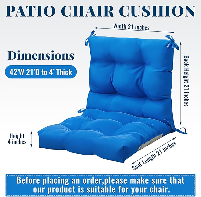 Marsui Outdoor Indoor High Back Chair Cushions Patio Furniture Tufted Pillow with Ties Water-Resistant Replacement Outdoor Rocking Chair Cushions, 42 x 21 Inches(Blue)