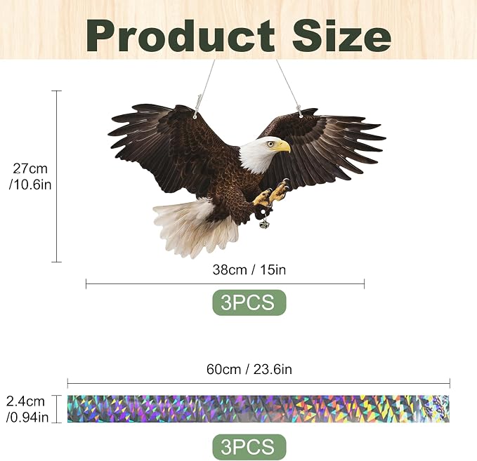 3 Pcs Flat Fake Eagle to Scare Pigeon Woodpecker Away, Hanging Plastic Flat Fake Eagle with Reflective Tape to Scare Animals Away from Contryard Patio Yard Porch Balcony Windows Orchard Farm