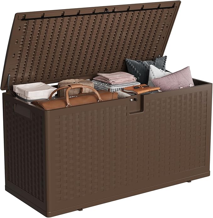 Outdoor Resin Deck Box, 73 Gallon Waterproof Storage Box Lockable, Outside Storage Box Container for Patio Furniture Cushions, Garden Pool Tools and Accessories, Brown