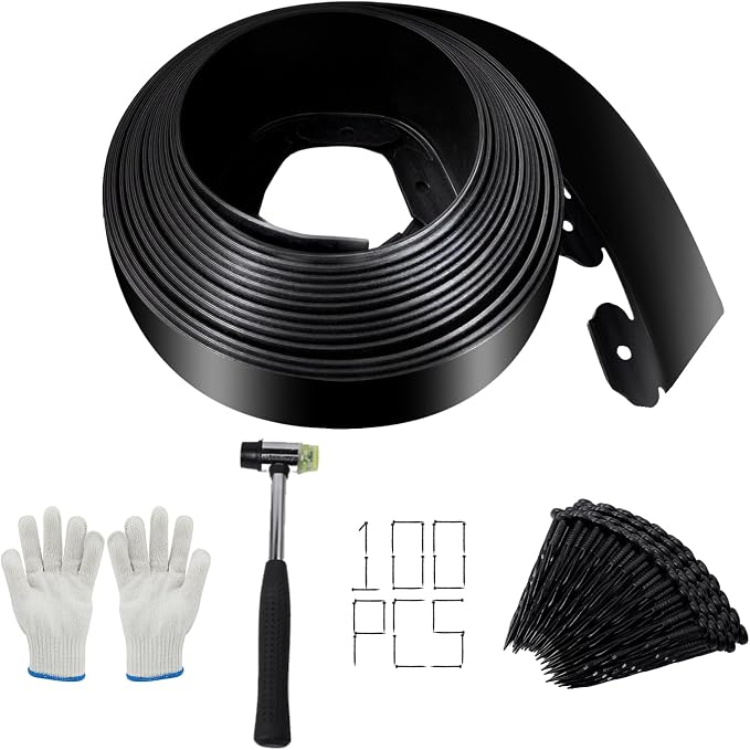 Landscape Edging - 2 Inch x 33FT Garden Border with 100 PCS Spikes, Plastic Lawn Edging for Flower Bed, Pathway and Yard(Black)