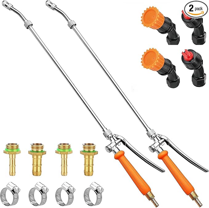 2Pcs All Metal Sprayer Wand with 3 Types of Nozzles, Fan Nozzle Replacement Sprayer Wand, Stainless Steel Sprayer Wand with 1/4" & 3/8" Brass Barb and 2 Hose Clamps