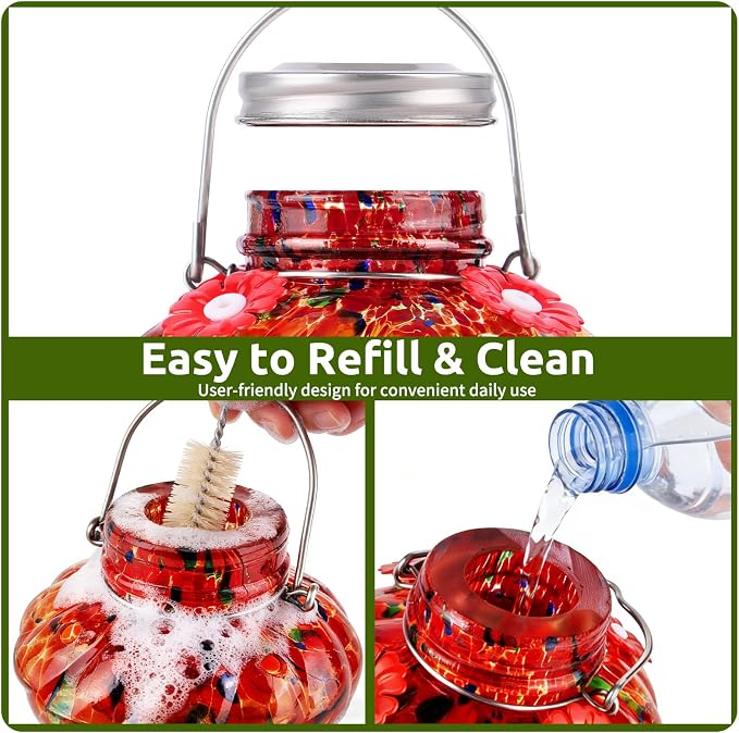 BOLITE Hummingbird Feeders for Outdoors, Hand Blown Top Fill Hummingbird Feeder, Glass Mason Jar with 4 Flower Feed Ports, Easy to Clean, Leak Proof, Bee Proof, Ant Moat, Red, Gift for Bird Lovers