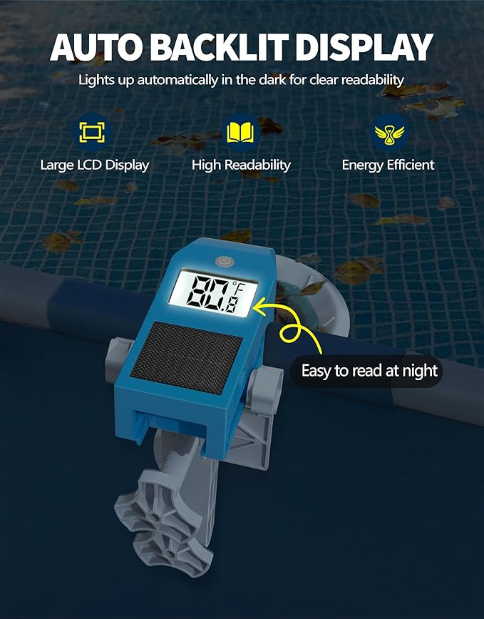 BluSwim Above Ground Pool Skimmer with Solar Digital Thermometer | Wall Mount Surface Skimmer - Auto Skimming Pool Floating Debris | 2 Upgraded Bracket - More Stable & Height Adjustable