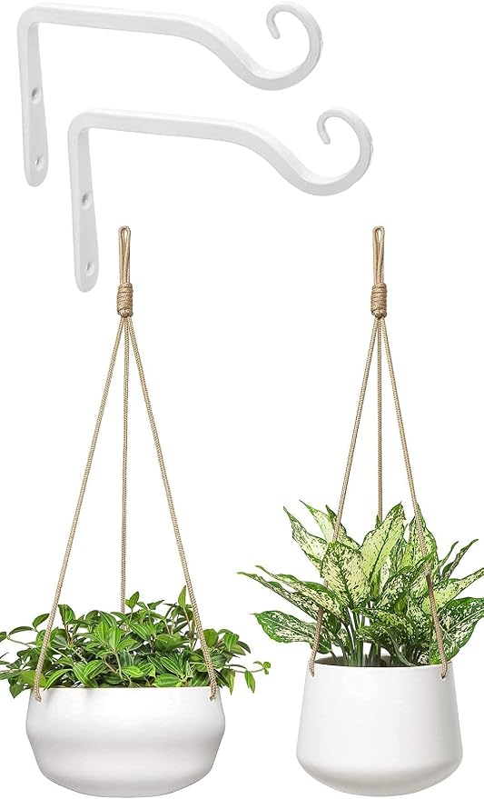 Mkono Ceramic Hanging Planter and Wall Hook Hanging Plant Bracket, Modern Plant Pot Geometric Porcelain Hanging Basket with Polyester Rope Hanger