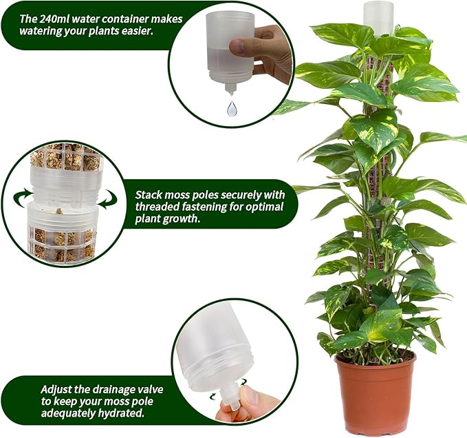 Moss Pole 17.4 inch, 2 Pack Monstera Plant Support, Plastic Self-Watering, Stackable Design - Ideal for Medium to Large Plants
