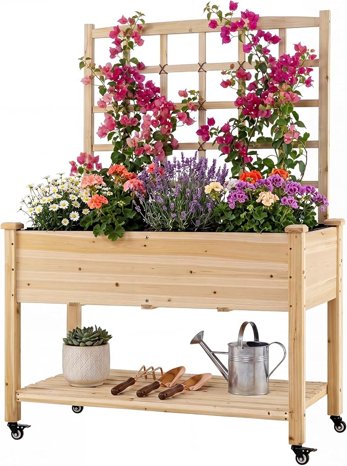 HAPPYGRILL Wooden Raised Garden Bed with Trellis, 65'' Elevated Planter Box w/Legs on Wheels, Liner & Drainage Holes for Climbing Plant Vegetable Flower, Outdoor Garden Box for Backyard Balcony (1)